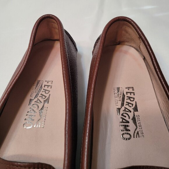 Salvatore Ferragamo Brown Leather Women's Driver Loafer Monogram Logo Flat 7.5 - Picture 9 of 14